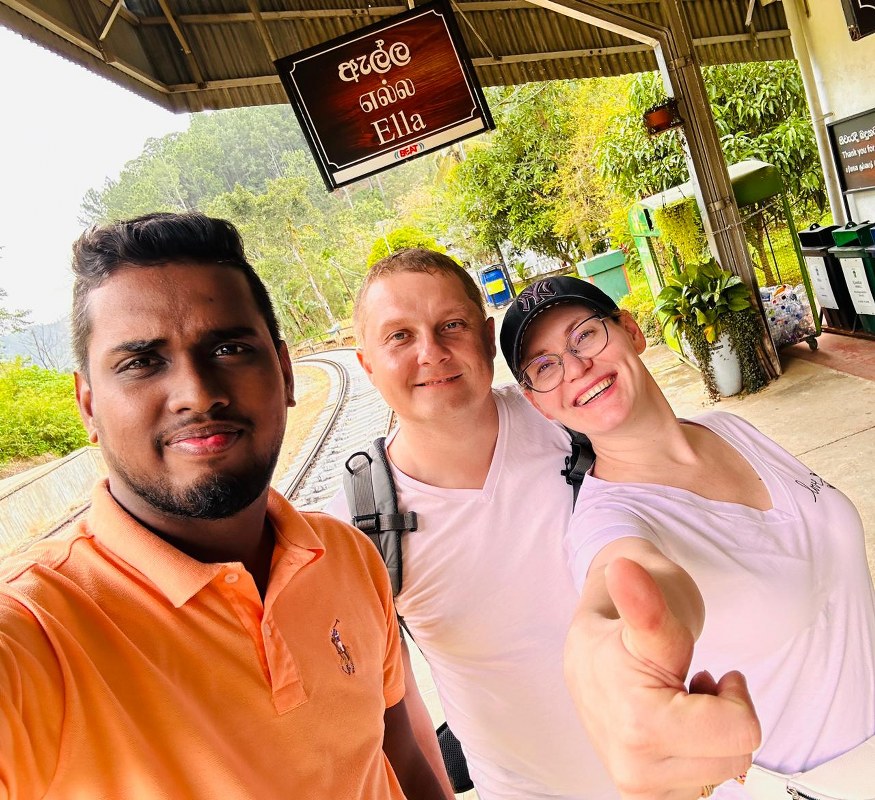 Travelers at the historic Ella Railway Station during a scenic Sri Lanka hill country tour.